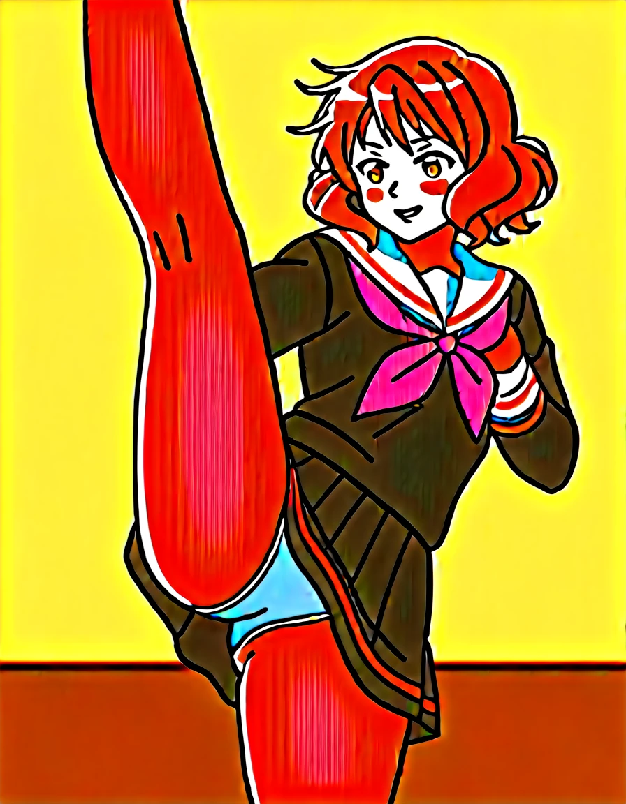 Highest quality, High resolution, masterpiece, (Beautiful Eyes), (Fine grain), Detailed face, kumiko oumae, Brown eyes, Brown Hair, short hair, Wavy Hair, smile, blush, skirt, shirt, Long sleeve, , pleated skirt, neckerchief, brown skirt, whiteいセーラーカラー, brown shirt, Kitauji High, red neckerchief, indoor, classroom, Chair, machine, (Panties丸見え:1.5), (Wide pelvis:1.5), (white_Panties:1.5), (Plump thighs), (Kick the man up:1.5), nsfw