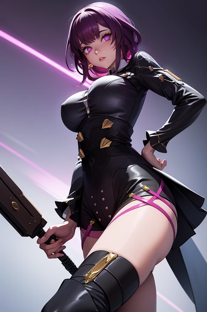 Masterpiece level, highest quality assurance, highlighting the image of 1 girl, official style, fantastic purple eyes and hair, elastic skin, moderate medium shot, looking directly at the audience, clear picture and vignetting effect, detailed and charming eyes (pureerosface_v1:0.5), extremely provocative action, intense star track background, bustling cross-legged, arrogant bangs, horror apocalyptic background, the same color of left and right eyes, (from below:1.5), (one girl:1.5)