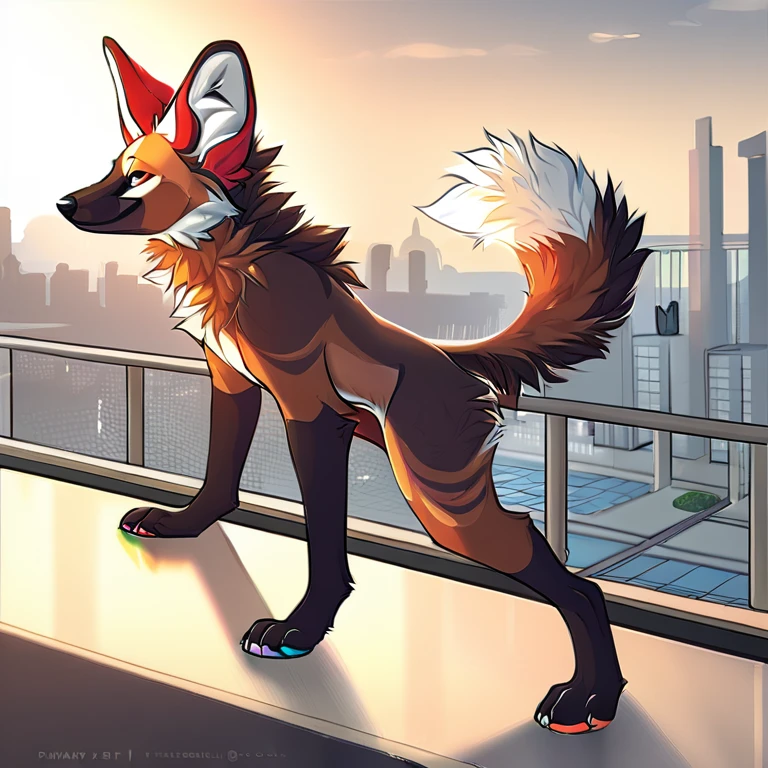 Solo, male, furry art, maned_wolf, fursona, ((canine)), (((brown primary fur))), white secondary, (perky ears), cool pose, city background, amazing art, masterfully executed, beautiful background, normal body, paws.