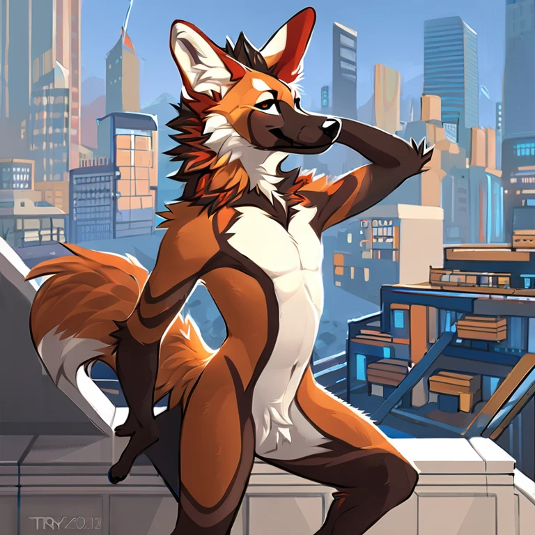 Solo, male, furry art, maned_wolf, fursona, ((canine)), (((brown primary fur))), white secondary, (perky ears), cool pose, city background, amazing art, masterfully executed, beautiful background, normal body, paws.