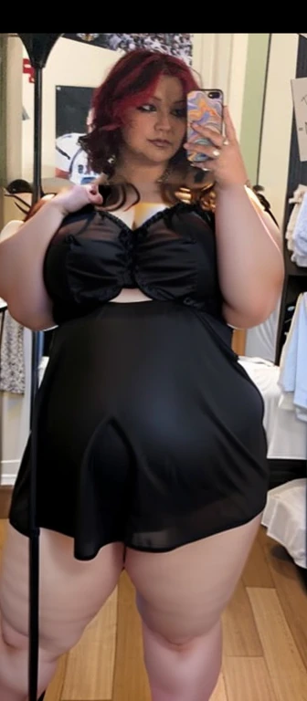 there is a woman that is taking a picture in the mirror, she is wearing a black dress, full body picture, taken in the early 2020s, cute black dress, zoomed out full body, wearing a black dress, she has a jiggly fat round belly, taken in the late 2000s, Big tits, huge tits, no clothes, sexy, cute, wide hips, thick thighs, pear-shaped body, minimal clothes, thick, bbw, chubby stomach, thick nipples, nipple piercings, large areola, hard nipples, piercing through shirt, nipples hard through shirt, busty, major cleavage, naked, ripping through top, spilling over sides, bra too tight, giant , dominatrix, dominatrix clothes, fat stomach, fat belly showing, grabbing sexy jiggly fat round belly, naked and super fat, NAKED