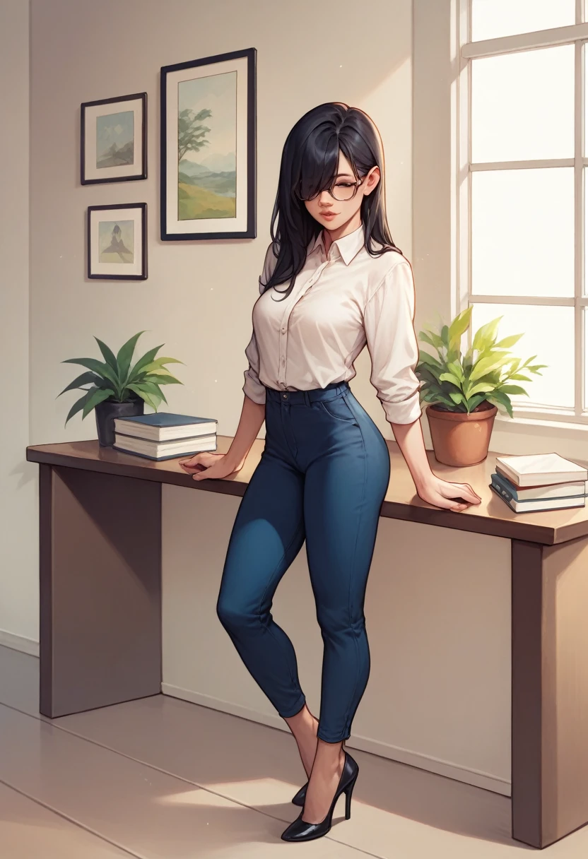 score_9, score_8_up, score_7_up, score_6_up, detailed art of a woman, pale, smooth skin, hair over eyes, long straight black hair, full lips, slender physique, white office shirt, glasses, blue pants, black heels,
