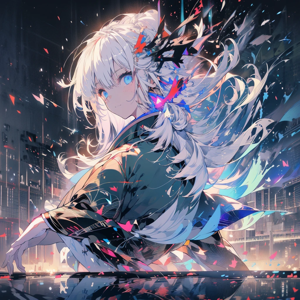 ((Fantasy　White Hair　Long Hair　black　one person　Lonely　blue eyes　Open chest kimono　Baggy kimono))　((night　Japanese style　old　Shining Aura))　(Dance　Japanese sword　Pulling out the sword　samurai　Military commander)　moon　star　Slashing　Catch the wind　print　Tense face　Shining Edge　Reflection of the sword　Blood　Streaks of Light　Maple　On the pond　Emit an aura　Turn your back　Look this way　smile