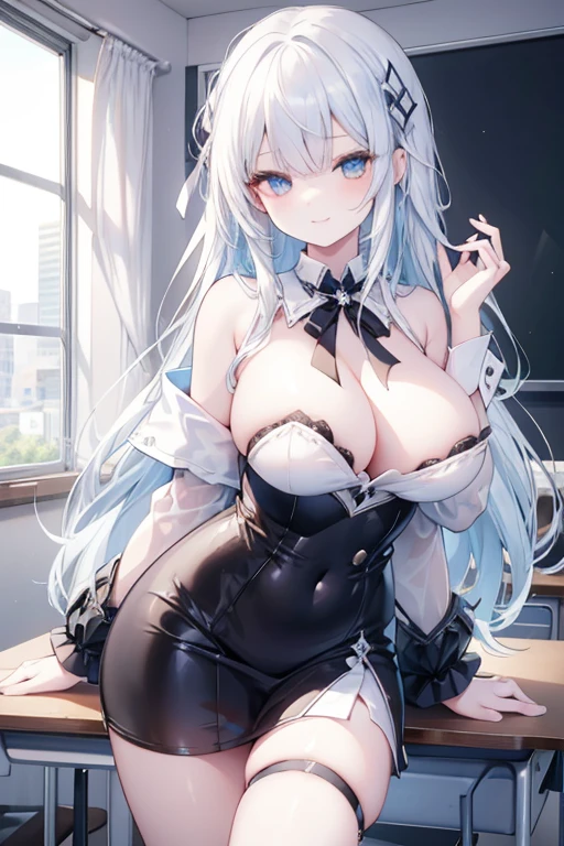 young girl, white hair on the outside and blue hair on the inside, diamond eyes,beautiful and detailed eyes, big breasts, long hair, sadistic smile, black shirt, white mini skirt, (Classroom  )