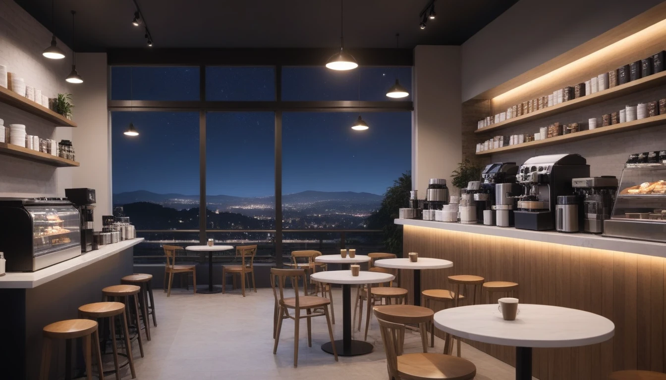 at night, frontal shot coffee shop interior, tables with coffee cups, and a big window in the center