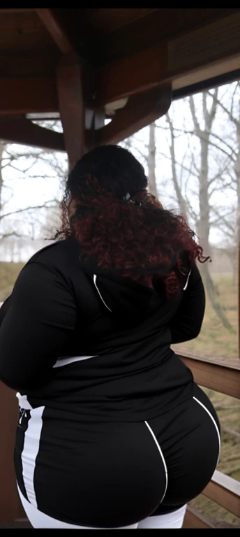 there are two people standing under a shelter talking to each other, photo still of behind view, shot from the back, view from the back, seen from the back, back of the hair, from the back, wearing a black hoodie, with curly red hair, facing away from camera, long dark curly hair, over the shoulder view, in a black hoodie, beautiful girl, big ass, huge ass, bbw, from behind, thick, thick thighs, wide hips, bbw, big , sideboob, giant ass, back view, big butt, round butt, tight underwear, underwear halfway off, underwear taking off, grabbing ass, ass spilling over underwear, too thick for clothes, looking left, leftwards, latina, from behind, tall girl