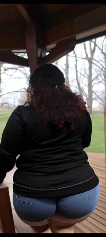 there are two people standing under a shelter talking to each other, photo still of behind view, shot from the back, view from the back, seen from the back, back of the hair, from the back, wearing a black hoodie, with curly red hair, facing away from camera, long dark curly hair, over the shoulder view, in a black hoodie, beautiful girl, big ass, huge ass, bbw, from behind, thick, thick thighs, wide hips, bbw, big , sideboob, giant ass, back view, big butt, round butt, tight underwear, underwear halfway off, underwear taking off, grabbing ass, ass spilling over underwear, too thick for clothes, looking left, leftwards, latina, from behind, tall girl