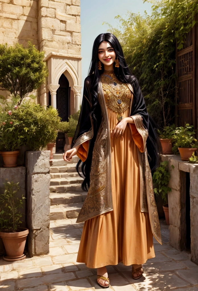 woman, arab clothes, long black hair, dark skin, dark eyes, extrovert, tall, smiling, apricot clothes, garden