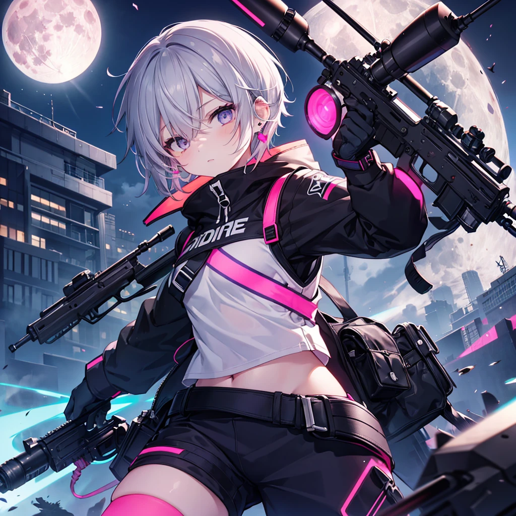 ((Gray Hair　Short Hair　sniper rifle　Close one eye)，((Crow　night　Red full moon))，(rooftop　Drop shoulder　Sailor suit　Shiny Earrings　Neon Pink　Neon Blue　purple)，　Jetpack　Sweat　A tense look　Also々funny Face　Headphones