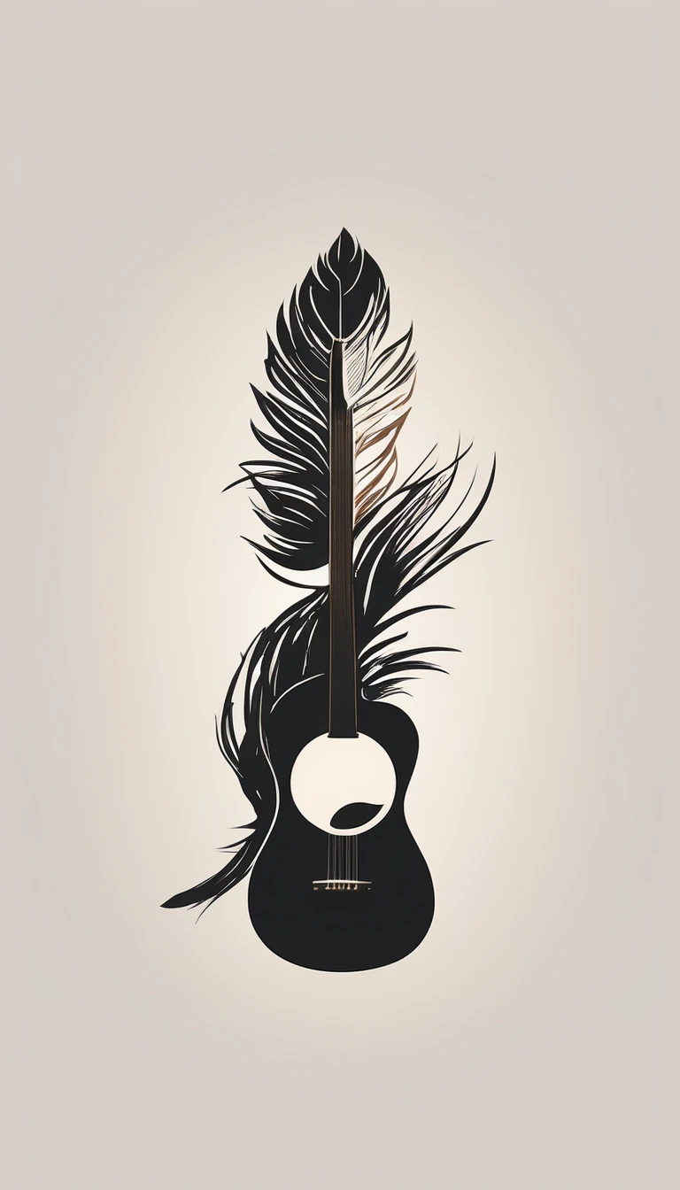 A minimal, modern, simple, cinematic logo design for the brand “Penamemoria". The logo design of a boy with a head of a feather playing acoustic guitar. The logo must convey a sense of music, stories and dreams. Minimalistic logo design of a boy dissolving into a feather of dreams and memories