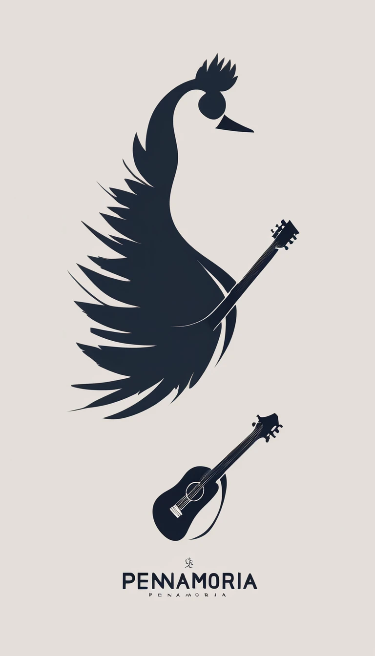 A minimal, modern, simple, cinematic logo design for the brand “Penamemoria". The logo design of a boy with a head of a feather playing acoustic guitar. The logo must convey a sense of music, stories and dreams. Minimalistic logo design of a boy dissolving into a feather of dreams and memories