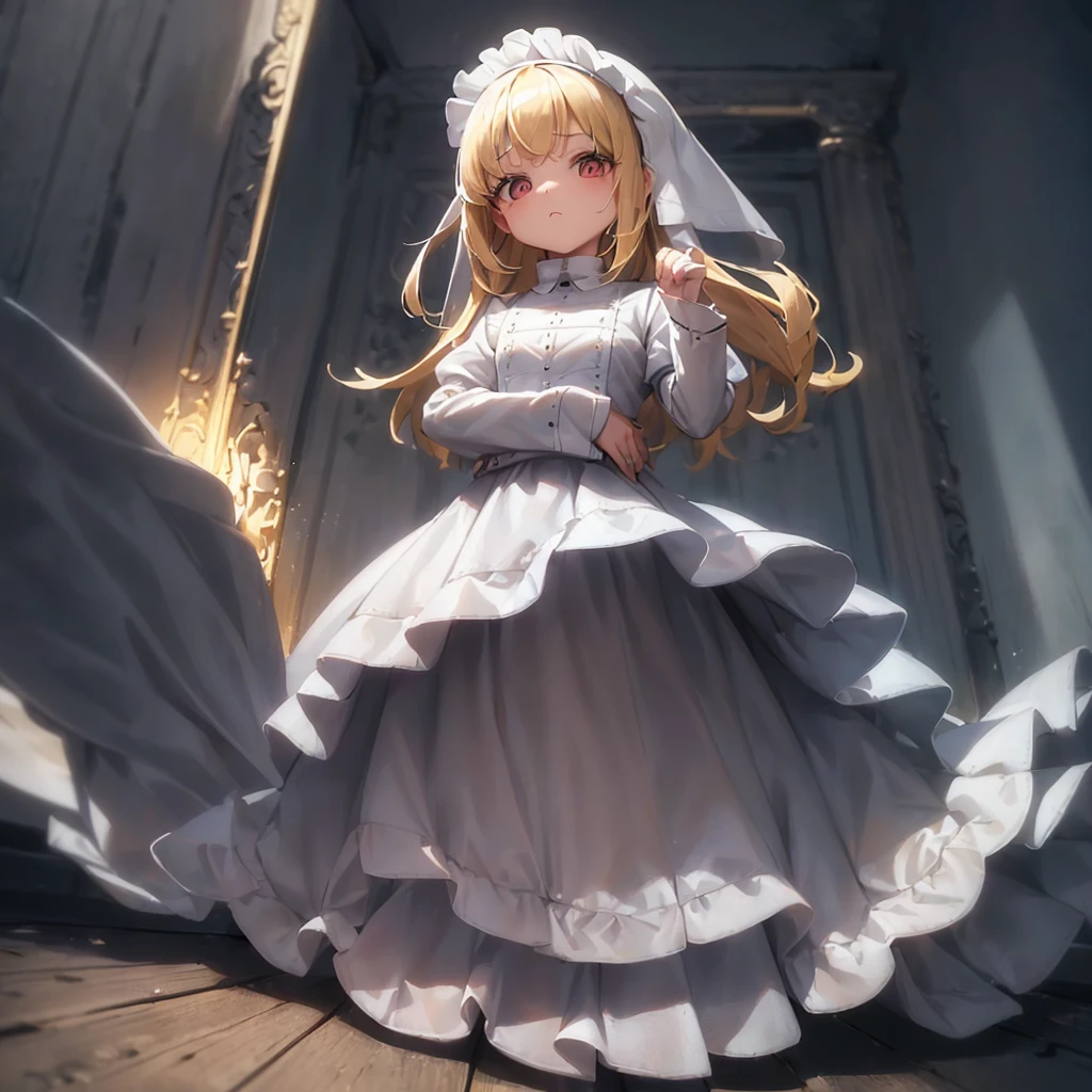((Maid)),((((((White clothes)))))),Cute little ,Tiny ,Small girl,,Childish face, Very fine clean face,Top quality, Big eyes,Straight Hair,Yellow hair,Crimson Eye,(Dark Room), Subtle light, Natural breeze,Soft lighting,Light from directly behind, (Are standing), Cute pose, (Open your hands), Showing the whole body,Front view,Black background
