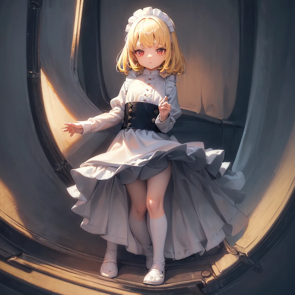 ((Maid)),((((((White clothes)))))),Cute little ,Tiny ,Small girl,,Childish face, Very fine clean face,Top quality, Big eyes,Straight Hair,Yellow hair,Crimson Eye,(Dark Room), Subtle light, Natural breeze,Soft lighting,Light from directly behind, (Are standing), Cute pose, (Open your hands), Showing the whole body,Front view,Black background
