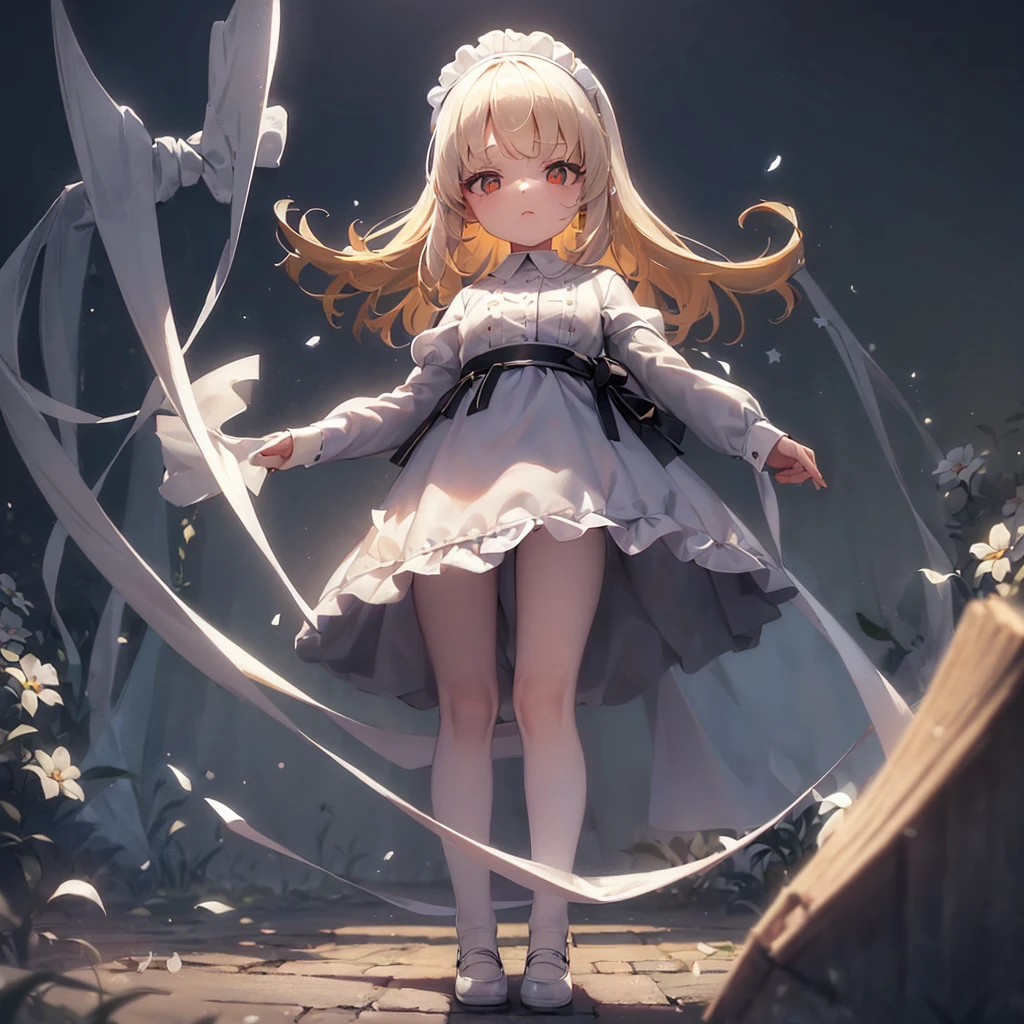 ((Maid)),((((((White clothes)))))),Cute little ,Tiny ,Small girl,,Childish face, Very fine clean face,Top quality, Big eyes,Straight Hair,Yellow hair,Crimson Eye,(Dark Room), Subtle light, Natural breeze,Soft lighting,Light from directly behind, (Are standing), Cute pose, (Open your hands), Showing the whole body,Front view,Black background