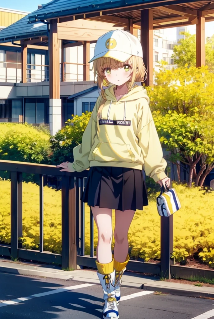 mahirushiina, Mahiru Shiina, bangs, Blonde, Brown Hair, (Yellow Eyes:1.3), smile,Open your mouth,Baseball cap,Oversized yellow hoodie,mini skirt,black tights,short boots,Walking,Clear skies,Daytime,
break outdoors,city,スーパーマーケット入り口
break looking at viewer, whole body,
break (masterpiece:1.2), Highest quality, High resolution, unity 8k wallpaper, (shape:0.8), (Fine and beautiful eyes:1.6), Highly detailed face, Perfect lighting, Highly detailed CG, (Perfect hands, Perfect Anatomy),