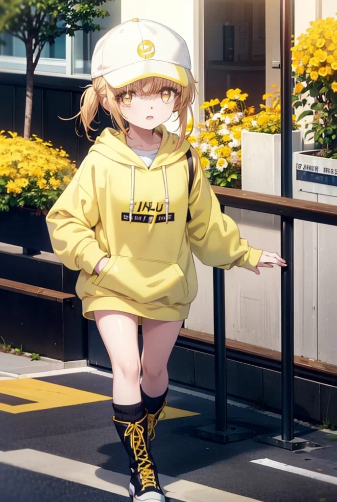 mahirushiina, Mahiru Shiina, bangs, Blonde, Brown Hair, (Yellow Eyes:1.3), smile,Open your mouth,Baseball cap,Oversized yellow hoodie,mini skirt,black tights,short boots,Walking,Clear skies,Daytime,
break outdoors,city,スーパーマーケット入り口
break looking at viewer, whole body,
break (masterpiece:1.2), Highest quality, High resolution, unity 8k wallpaper, (shape:0.8), (Fine and beautiful eyes:1.6), Highly detailed face, Perfect lighting, Highly detailed CG, (Perfect hands, Perfect Anatomy),