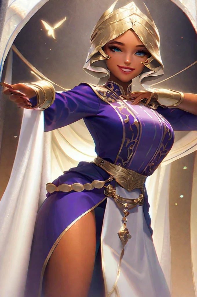 ((Лучшее качество)), ((шедевр)), (подробный), tanned futanari girl have a penis warrior wearing nothing but knight helmet flexand smiling