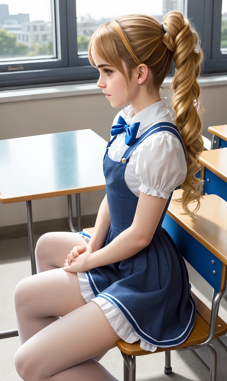 masterpiece. a beautiful emma watson dressed as girl alice Wonderland, navy pantyhose blue paint. blonde puffy curly, twintails. Very tiny miniskirt, sun day ambient. Sitting in a classroom.