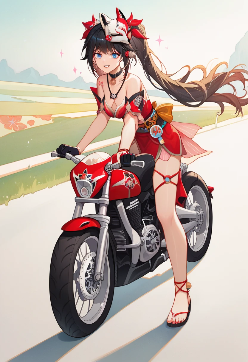 score_9, score_8_up, score_7_up, absurdres, 1girl, teen girl, sparkle, mask on head, choker, single glove, bracelet, thigh strap, riding superbike, yamaha, sportbike, motorcycle, full fairing bike, Yamaha r15, yamaha r25, yamaha r1
