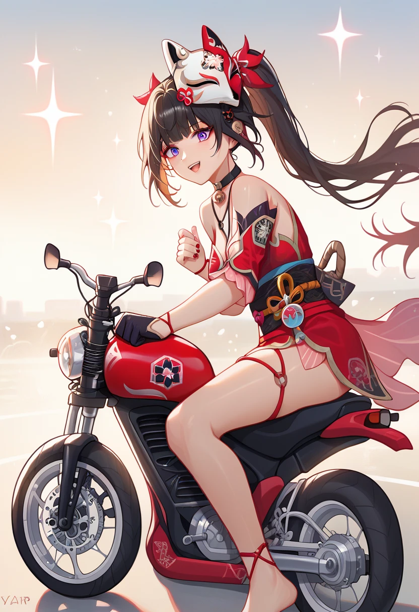 score_9, score_8_up, score_7_up, absurdres, 1girl, teen girl, sparkle, mask on head, choker, single glove, bracelet, thigh strap, riding superbike, yamaha, sportbike, motorcycle, full fairing bike, Yamaha r15, yamaha r25, yamaha r1