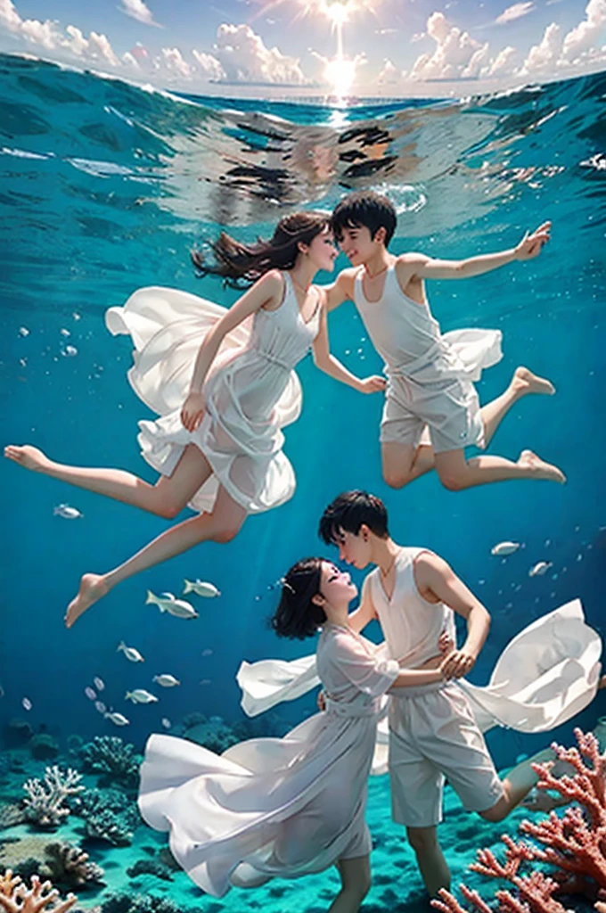 Girl wearing white dress,In the sea,The girl radiates white light and entangles the boy,They face to face,Expression of joy,It's a couple。East Asians,In the blue sea,There are corals around them. They are 28 years old and in their prime.