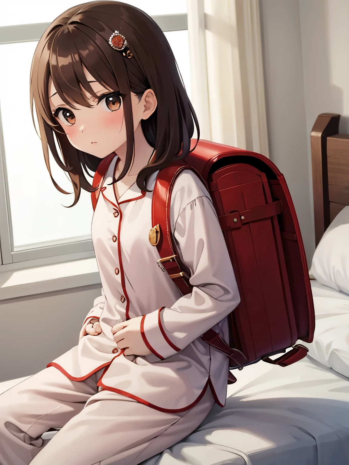 masterpiece, best quality, hd, 1girl, brown eyes, brown hair, hair  ornaments, wear pajamas, (pajamas:1.2), wear long pants, Sitting on bed, bedroom, shy, blushing, wearing red backpack, (backpack:1.2), indoor, bedroom 