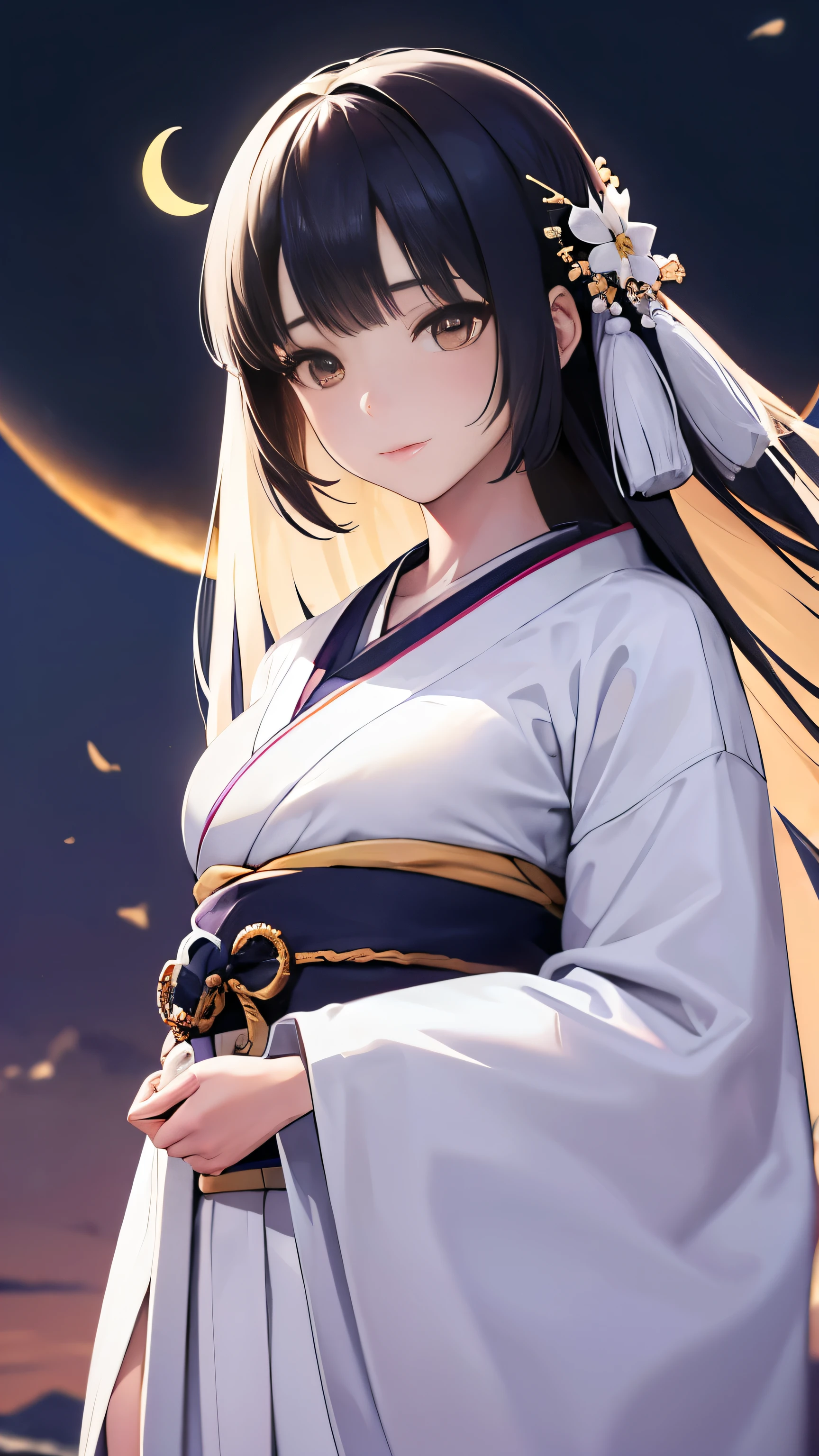 One girl, Beautiful Face, ((White eyes)), Kimono pose, Crescent moon in the background, performer, space, (Lightroom:1.13), Soft Light, (Natural skin texture:1.2), (Hyperrealism:1.2), Sharp focus, Concentration,[[Realistic]]