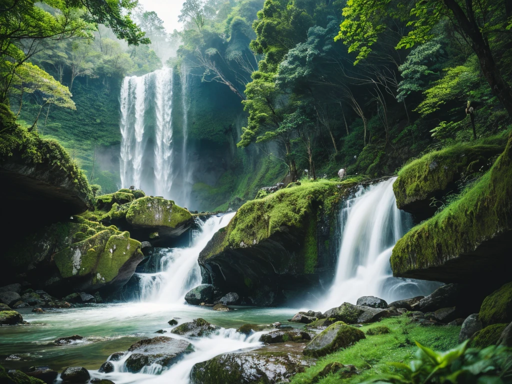 a breathtaking waterfall cascading down a majestic mountain range, lush green foliage surrounding the scene, serene and tranquil atmosphere, dramatic lighting, photorealistic, 8k, hyperdetailed, cinematic composition, stunning natural beauty, moody color palette, dramatic shadows and highlights, atmospheric fog, powerful rushing water, mossy rocks, detailed textures, award-winning landscape photography