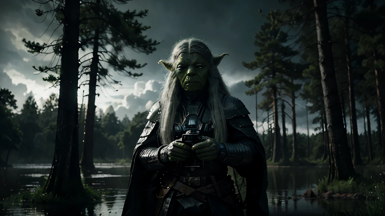 a yoda from star wars dressed in black armor, long white hair, swamp in the background, trees, cloudy sky, hyper realistic, intricate details, cinematic lighting, dramatic atmosphere, moody colors, digital painting