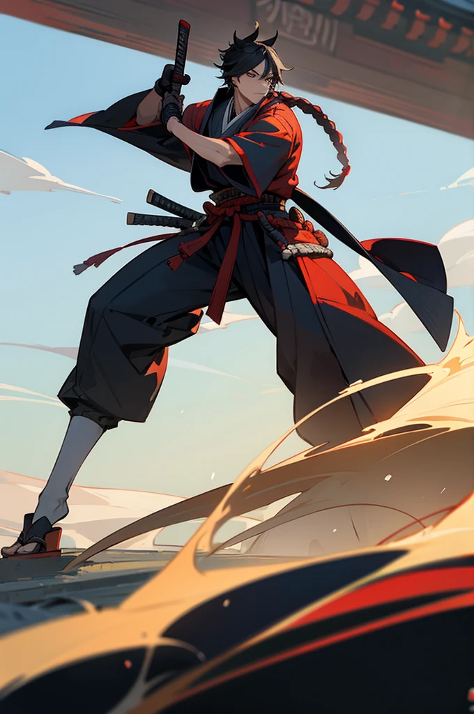 Teen ,male, samurai Clothing, Standing pose, Town background,