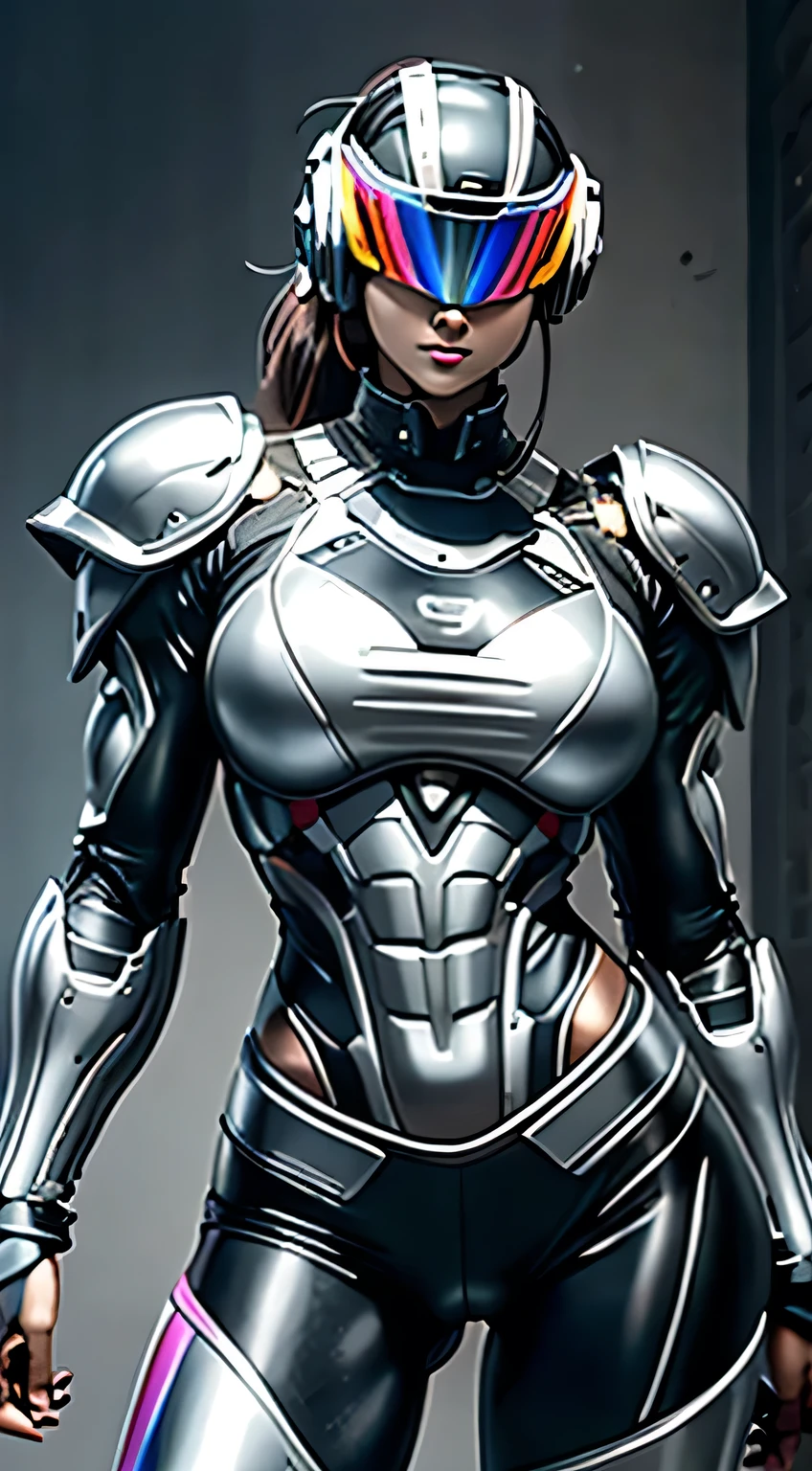 Female Robocop Solo、Bright outdoors、strong light source、8K, high quality, masterpiece, 最high quality, Crisp contrast、Very detailed、Full body armor、Very large armor、Helmet covering the head、Clear photos、His eyes are hidden by thin straight goggles:1.3、The lower half of the face is raw々Shii:1.5、The lower half of the face is exposed、Seductive lips、Rainbow and black metallic armor、Armor that completely covers the chest、Long, slender legs、Vibrant Posselo Body View,Big and ample breasts:1.5, (Sports Body:1.5)、Five Fingers、Hold a handgun、In the city