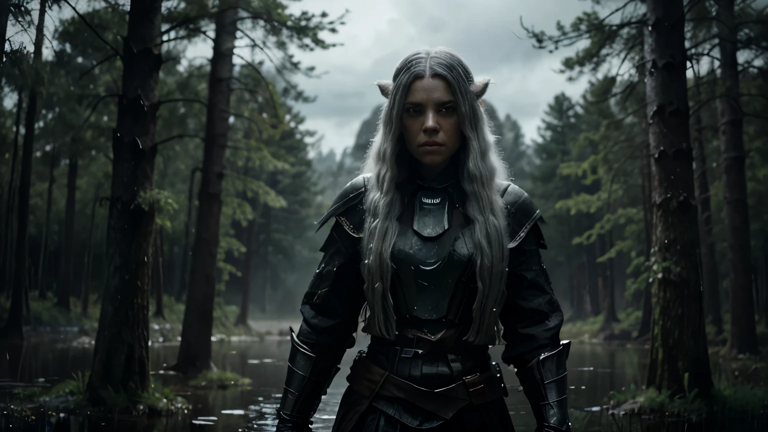 a yoda from star wars dressed in black armor, long white hair, swamp in the background, trees, cloudy sky, hyper realistic, intricate details, cinematic lighting, dramatic atmosphere, moody colors, digital painting
