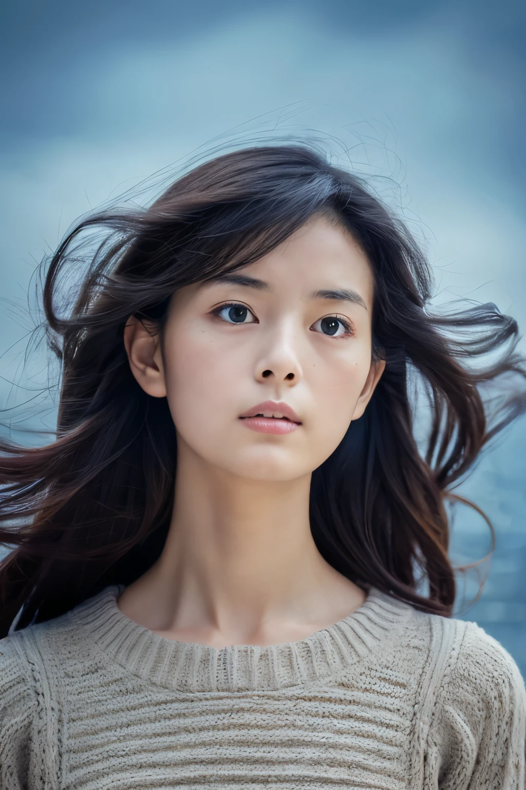 (knitwear), (top-quality, masterpiece:1.3, Super high resolution), (Photorealsitic:1.4, RAW shooting), Ultra-realistic capture, A highly detailed, high-definition 16K for human skin, Wistful, A skinny Japanese woman, 30 years old, cute face, ((Sadness face)), detailed face, detailed eyes, ((correct anatomy)), A dark-haired, Middle hair, ((Background of the sea in a starry night)), (((looking up afar at starry sky))), hair blowing in the wind