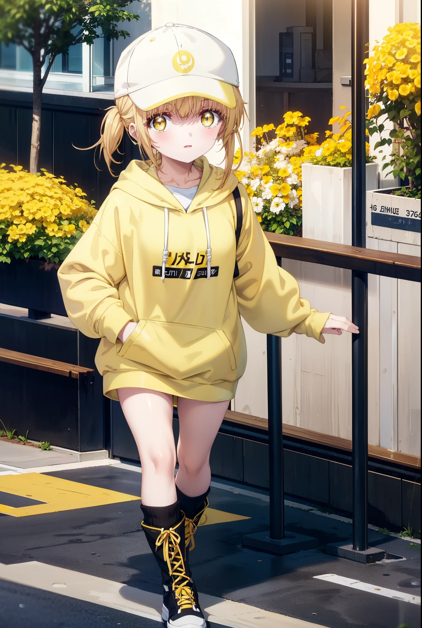 mahirushiina, Mahiru Shiina, bangs, Blonde, Brown Hair, (Yellow Eyes:1.3), smile,Open your mouth,Baseball cap,Oversized yellow hoodie,mini skirt,black tights,short boots,Walking,Clear skies,Daytime,
break outdoors,city,スーパーマーケット入り口
break looking at viewer, whole body,
break (masterpiece:1.2), Highest quality, High resolution, unity 8k wallpaper, (shape:0.8), (Fine and beautiful eyes:1.6), Highly detailed face, Perfect lighting, Highly detailed CG, (Perfect hands, Perfect Anatomy),