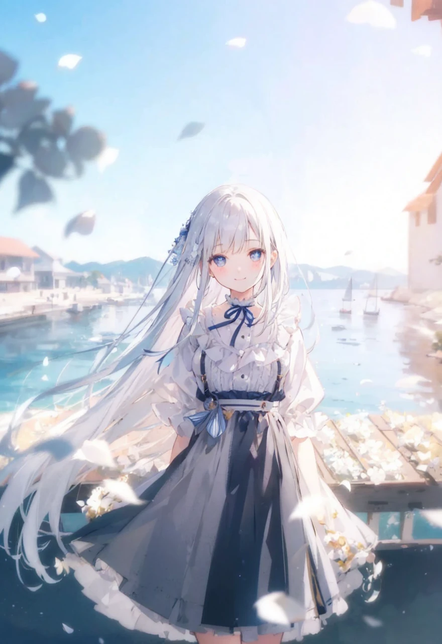 Clothes with white ruffles、Navy Blue Skirt、smile、short hair、Seaside street、Under the blue sky、Back view、Look back here、Eyes with beautiful pupils、