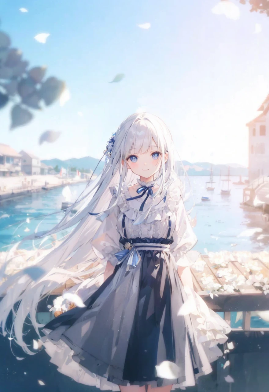 Clothes with white ruffles、Navy Blue Skirt、smile、short hair、Seaside street、Under the blue sky、Back view、Look back here、Eyes with beautiful pupils、
