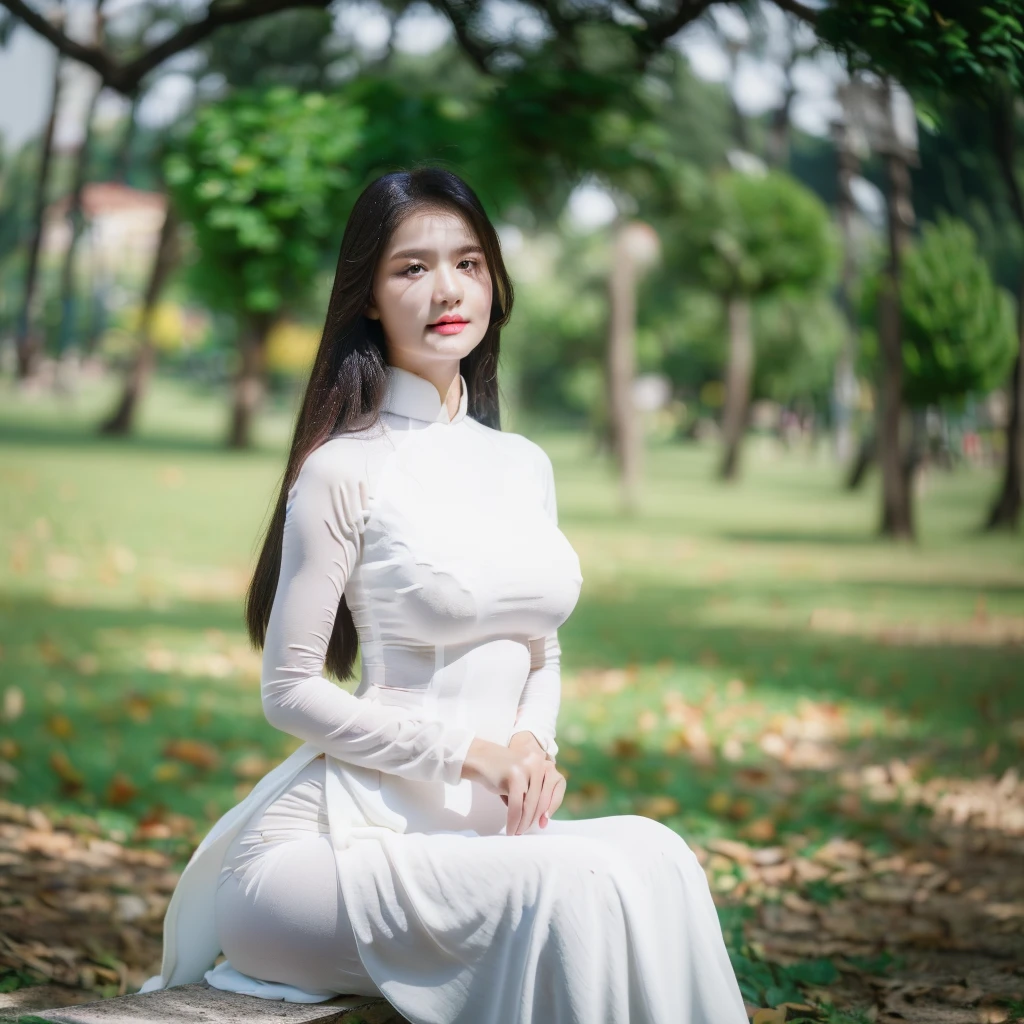 big breasts, round breasts, wearing bra inside ao dai, slim figure, beautiful figure, big breasts, long straight hair, ((sharp 8k quality photo)), ((details of beautiful, sharp face, face balanced) cho)), ((beautiful breasts, exposed cleavage, plump body), ((beautiful sparkling eyes, sharp eye details, beautiful face, balanced eyes)), sitting under a big tree It's raining and my whole body is wet, the rain is wet, my ao dai shows my chest, ((super beautiful body with high details, tight body, big bust and slim waist)), ((round breasts))
