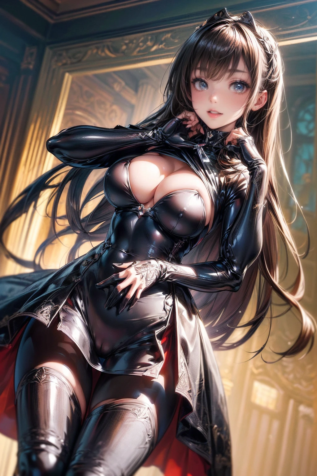 nsfw、(masterpiece, Highest quality, Super detailed:1.3), Perfect composition, 4K, (Very detailed, Super detailed),(Angle from directly below the girl:1.5), Ultra-thin high-cut latex suit、Long gloves in latex、Latex long tights,(The skin is slightly visible)、 (Lift your breasts from underneath with your palms:1.5)High resolution, 8k Texture, Attention to detail, Very detailed肌の質感, Magnificent details, High Sharpness, One girl, (Fine grain:1.3), (25-year-old woman:1.3),(A smile that lowers the corners of the eyeouth showing teeth、