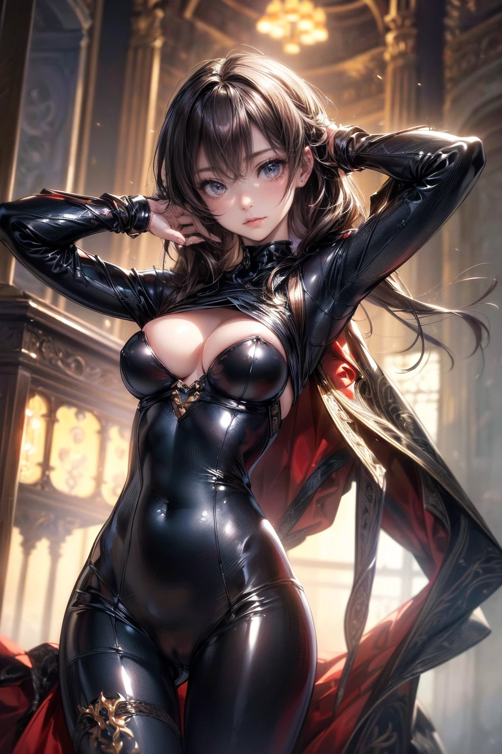 nsfw、(masterpiece, Highest quality, Super detailed:1.3), Perfect composition, 4K, (Very detailed, Super detailed),(Angle from directly below the girl:1.5), Ultra-thin high-cut latex suit、Long gloves in latex、Latex long tights,(The skin is slightly visible)、 (Lift your from underneath with your palms:1.5)High resolution, 8k Texture, Attention to detail, Very detailed肌の質感, Magnificent details, High Sharpness, One girl, (Fine grain:1.3), (25-year-old woman:1.3),(A smile that lowers the corners of the eyeouth showing teeth、