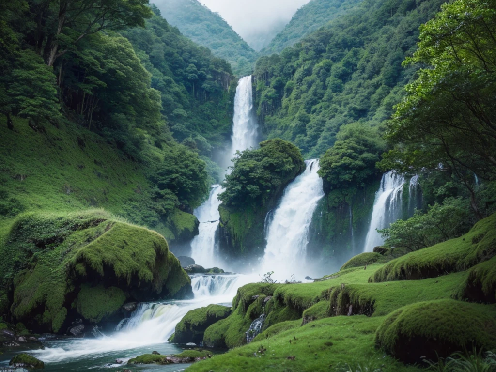 a breathtaking waterfall cascading down a majestic mountain range, lush green foliage surrounding the scene, serene and tranquil atmosphere, dramatic lighting, photorealistic, 8k, hyperdetailed, cinematic composition, stunning natural beauty, moody color palette, dramatic shadows and highlights, atmospheric fog, powerful rushing water, mossy rocks, detailed textures, award-winning landscape photography