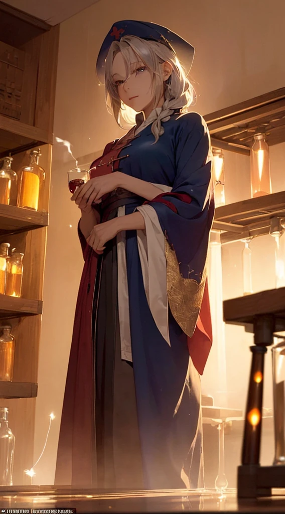 (masterpiece, Highest quality:1.3), (Sealing:1.3), Eight Yi Yonglin, touhou series, Perfect Face, Expressive eyes, 1 Female, View your viewers, 38 years old, Gorgeous body, Large Breasts, beautiful, anime, roller,1 Female, Silver Hair, Braid, Nurse cap, Red and blue clothes, Long skirt, (Evil look, Looking down on the audience:1.5), (Cinema Lighting, Realistic, dream-like, Enchanting atmosphere:1.3), (Photograph of a woman in a dark and mysterious environment:1.3), (A woman surrounded by an aura of mystery and intrigue:1.3), (A dark and mysterious laboratory decorated with many flasks, Each one is filled with a different colored liquid.:2.0), (She enjoys making new discoveries.:1.5), (Nearby crystal balls, exuding a mysterious atmosphere:1.3), (The smell of incense floating in the air, Enhance the sensory experience:1.3),