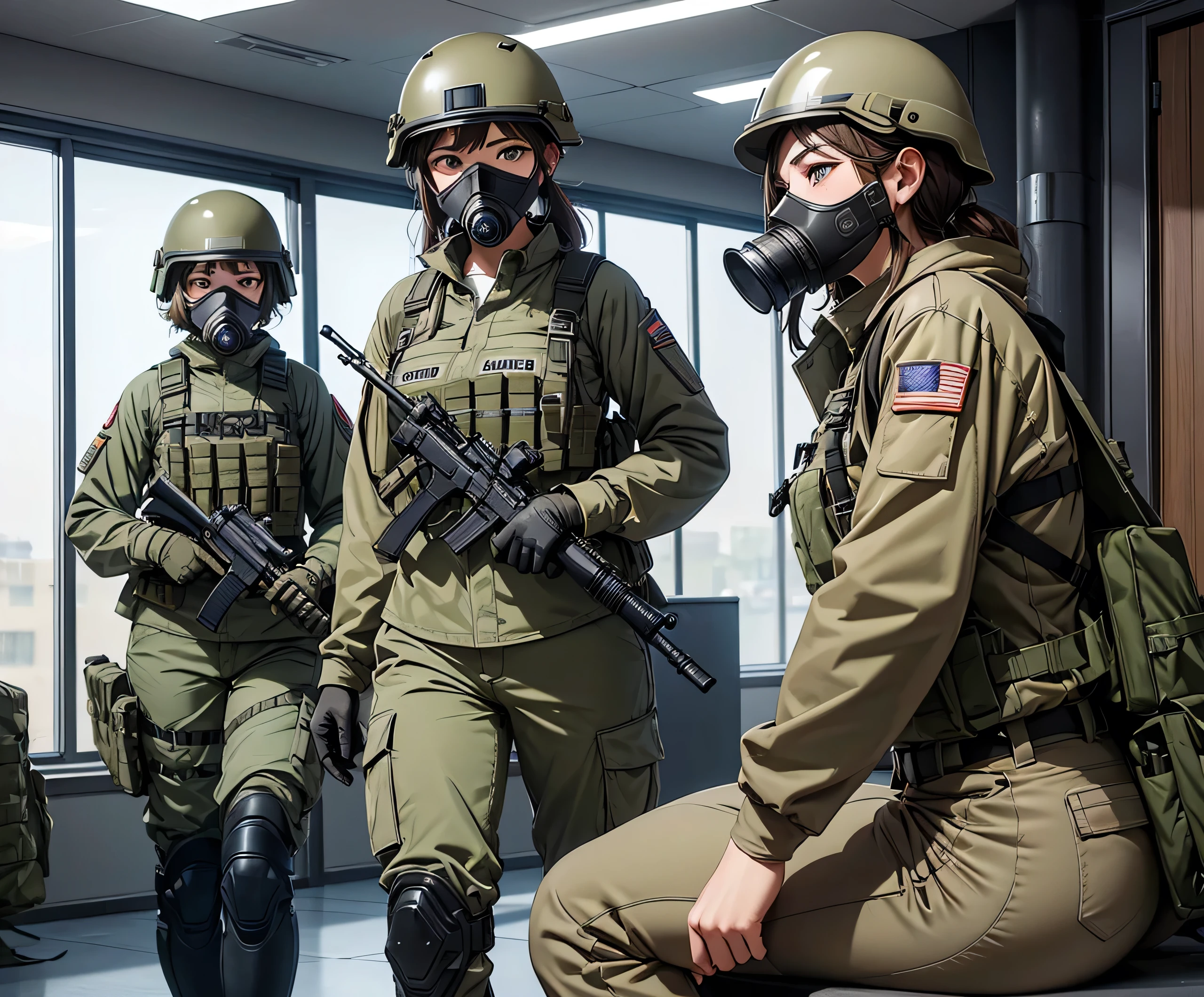 Four female special forces soldiers wearing gas masks、Put on a helmet、Wearing beige M-51 military uniform、Show only the upper thigh area、In the hallway、Write details、masterpiece、best quality、Highly detailed CG、8K picture quality