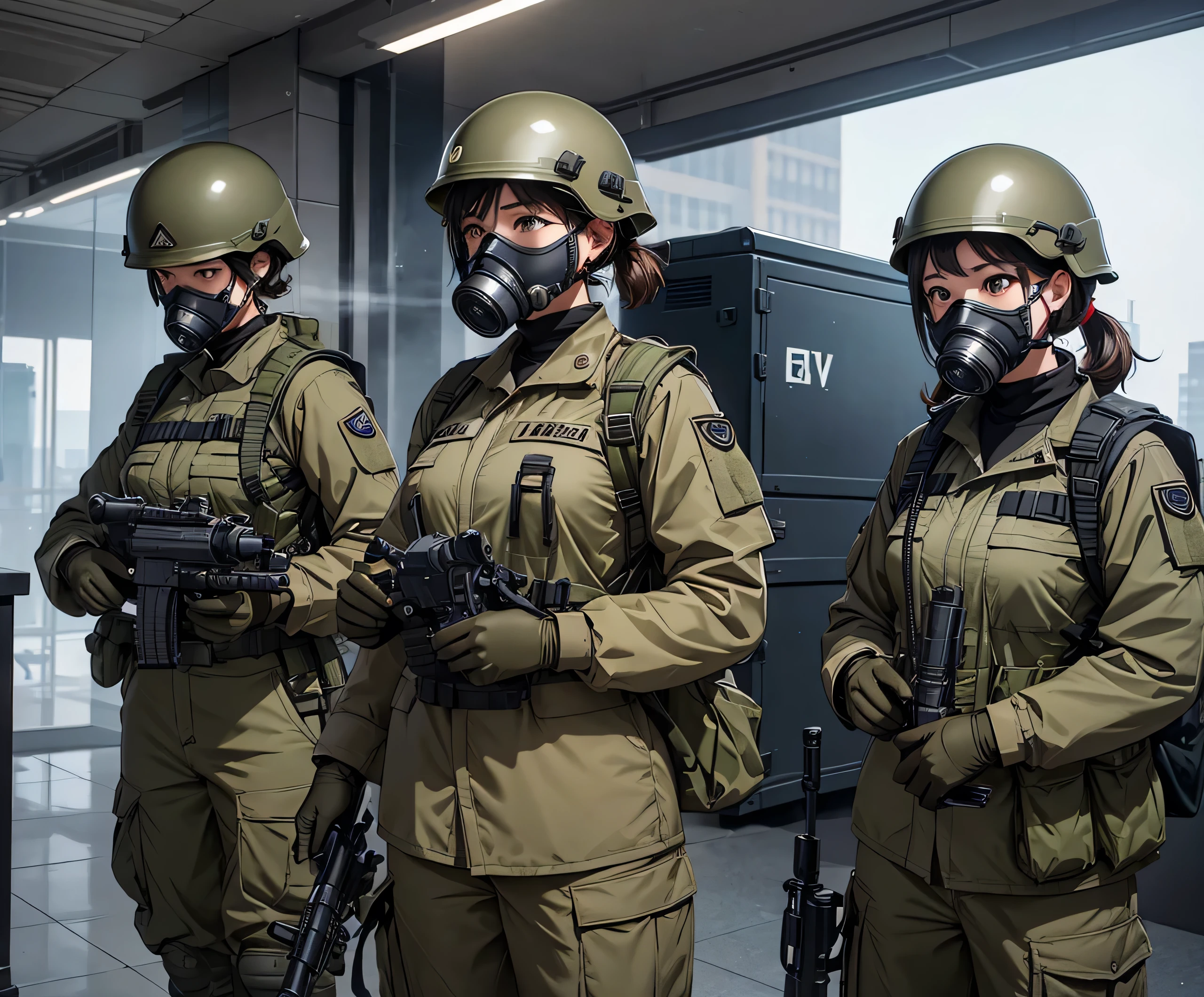 Three female special forces soldiers wearing gas masks、Put on a helmet、Wearing beige M-51 military uniform、Show only the upper thigh area、Office building entrance、Write details、masterpiece、best quality、Highly detailed CG、8K picture quality