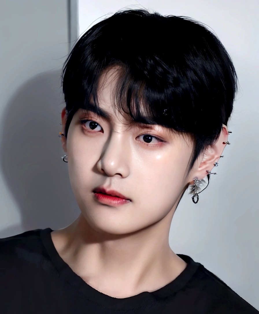 a close-up of a man in a black shirt and ear piercings, colorhyung, profile picture with headshot, hyung tae, kpop idol portrait, color, V do bts, , adorable and pale korean face, taken at the beginning of 2020, glossy from rain, korean artist