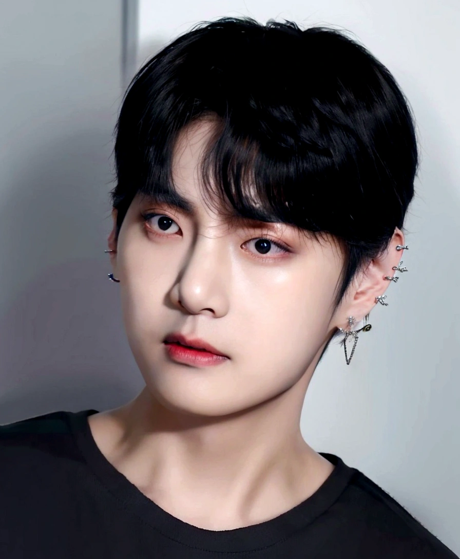 a close-up of a man in a black shirt and ear piercings, colorhyung, profile picture with headshot, hyung tae, kpop idol portrait, color, V do bts, , adorable and pale korean face, taken at the beginning of 2020, glossy from rain, korean artist
