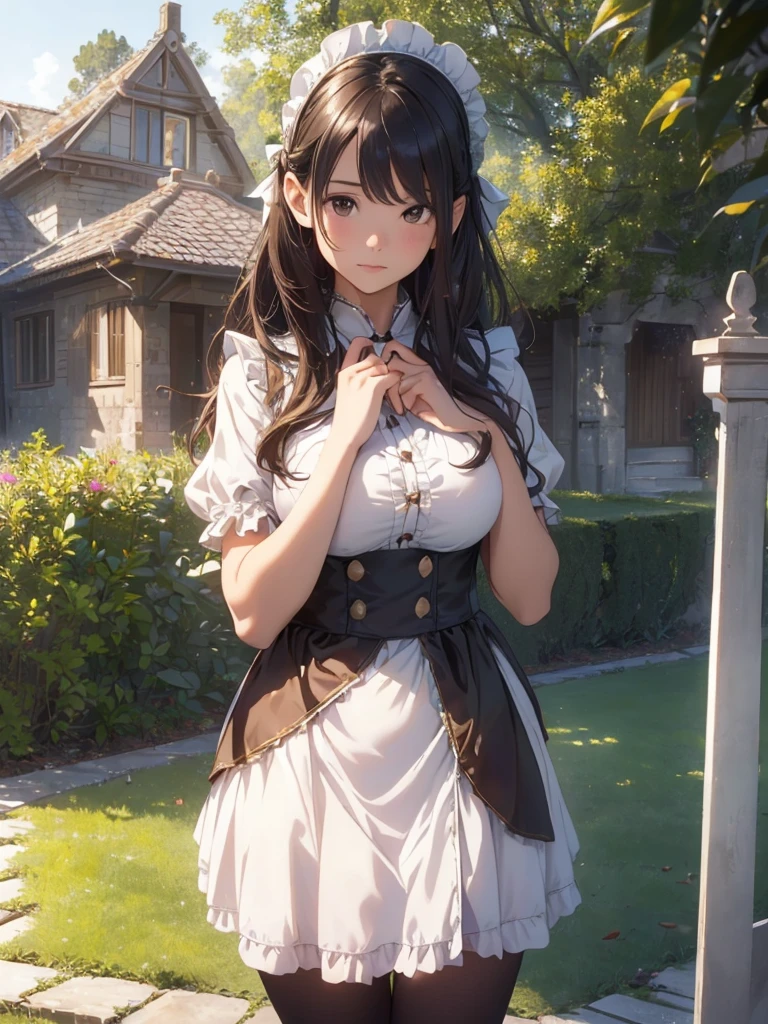 masterpieces,best quality,(ultra_detailed),3D,(realistic:1.9),(photorealistic:1.9),(light falloff at edges:1.9),shallow depth of field,sensual girl,in garden,at morning,western‐style house in the background,plump,(brown _pantyhose,)wavy long hair,built bangs,drooping eyes,wide-set eyes,lovely round eyes,looking away,round face, (maid costume),