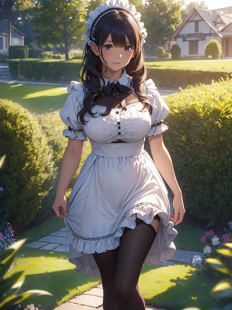 masterpieces,best quality,(ultra_detailed),3D,(realistic:1.9),(photorealistic:1.9),(light falloff at edges:1.9),shallow depth of field,sensual girl,in garden,at morning,western‐style house in the background,plump,(brown _pantyhose,)wavy long hair,built bangs,drooping eyes,wide-set eyes,lovely round eyes,looking away,round face, (maid costume),