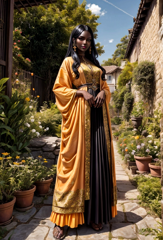 woman, goddess clothes, black hair, dark skin, dark eyes, extrovert, tall, smirking, apricot clothes, garden