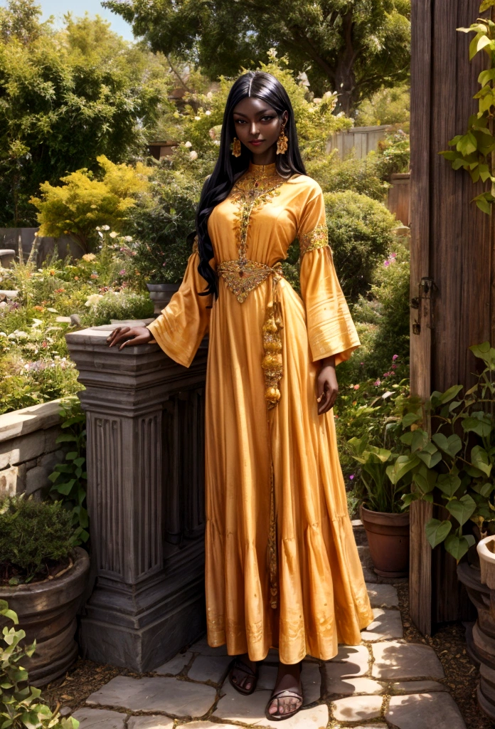 woman, goddess clothes, black hair, dark skin, dark eyes, extrovert, tall, smirking, apricot clothes, garden
