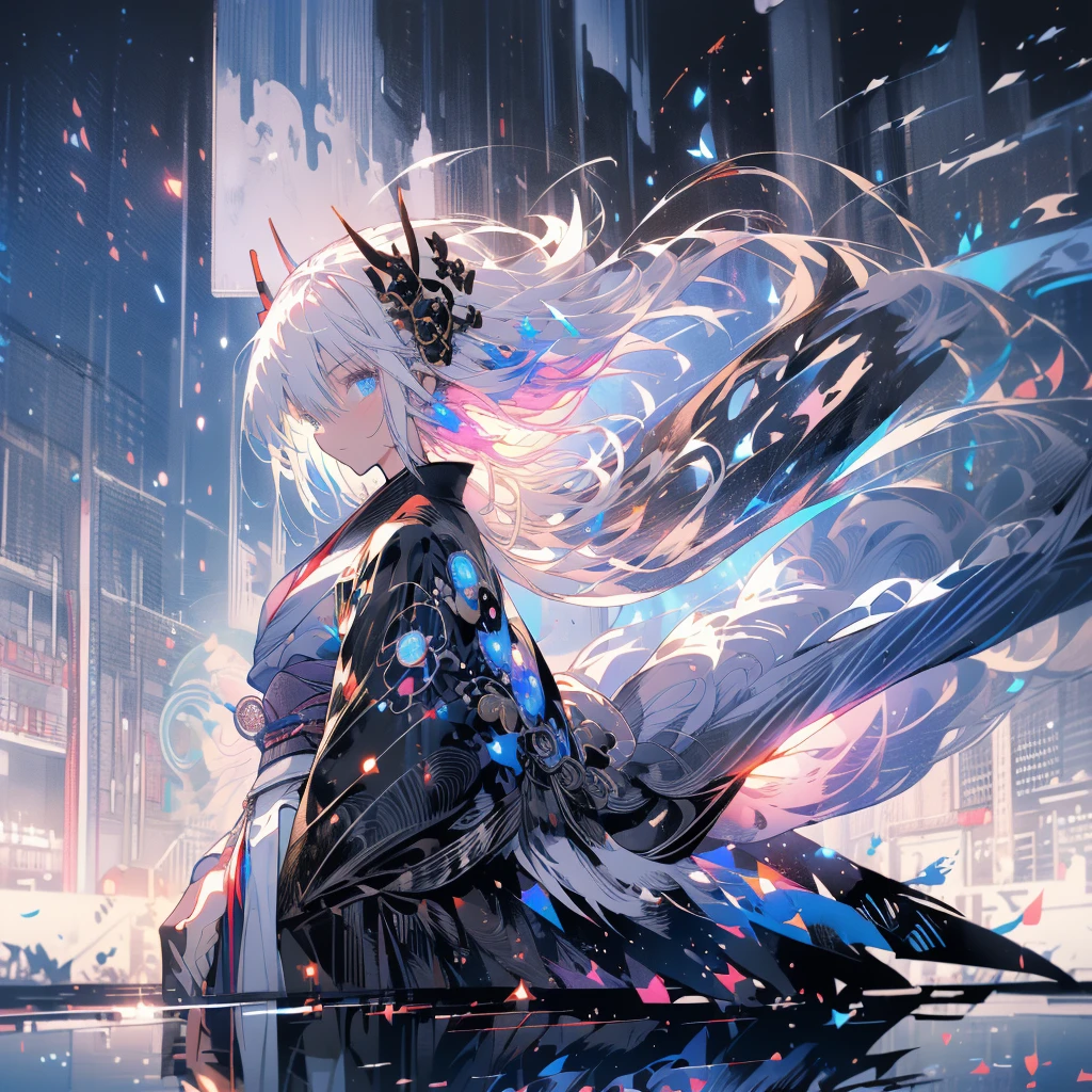 ((Fantasy White Hair Long Hair black one person Lonely blue eyes Open chest kimono Baggy kimono)) ((night Japanese style old Shining Aura)) (Dance Japanese sword Pulling out the sword samurai Military commander) moon star Slashing Catch the wind print Tense face Shining Edge Reflection of the sword Blood Streaks of Light Maple On the pond Emit an aura Turn your back Look this way smile